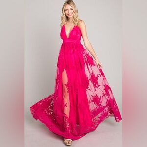 Pink Velvet Floral Adjustable Straps Back Zipper Closure Magenta Maxi Dress NWT